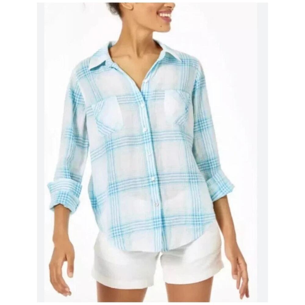 Lilly Pulitzer Blue White 100% Linen Sea View Button Down Blouse Top XS